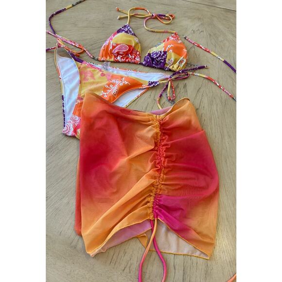 boho bikini & skirt MED Sheer coverup orange yellow Swimsuit 3 Piece Set Sexy - Picture 6 of 7